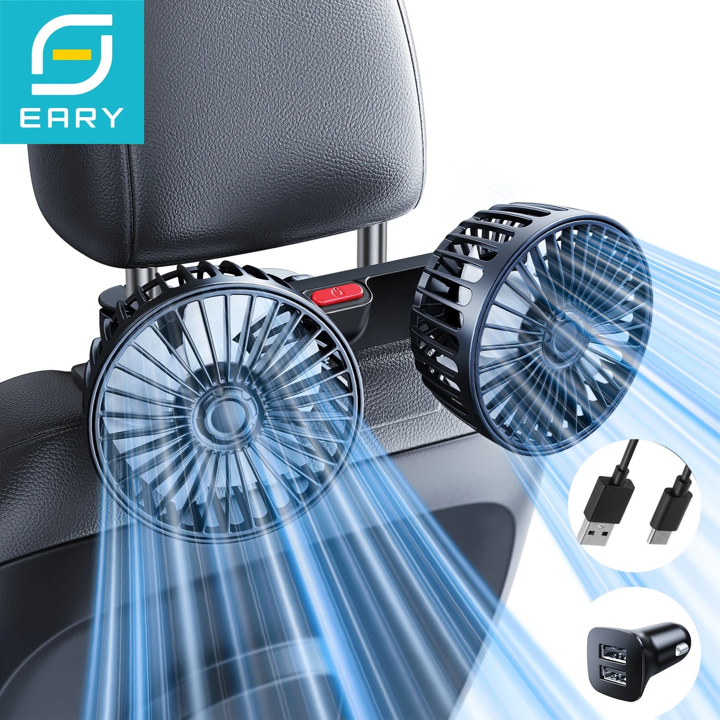Eary Car Back Rear Seat Dual Head Fan 3 Speeds 360°Rotatable Air Cooling Headrest Fan Portable Summer Auto Van Truck Accessories