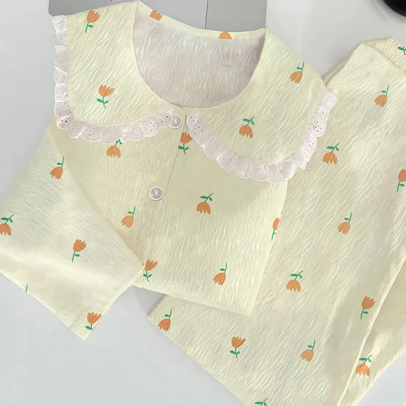 Cloud Cotton Sleepwear Set for Women Casual Spring Autumn Long Sleeve Long Pants Home Clothes  Plant Floral Print
