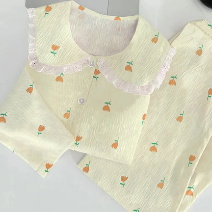 Cloud Cotton Sleepwear Set for Women Casual Spring Autumn Long Sleeve Long Pants Home Clothes  Plant Floral Print