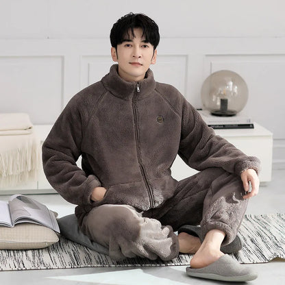 Men's Coral Fleece Pajamas Thickened Flannel Home Clothes Set Autumn Winter Style Long Sleeve Warmth Guarantee Home Scence