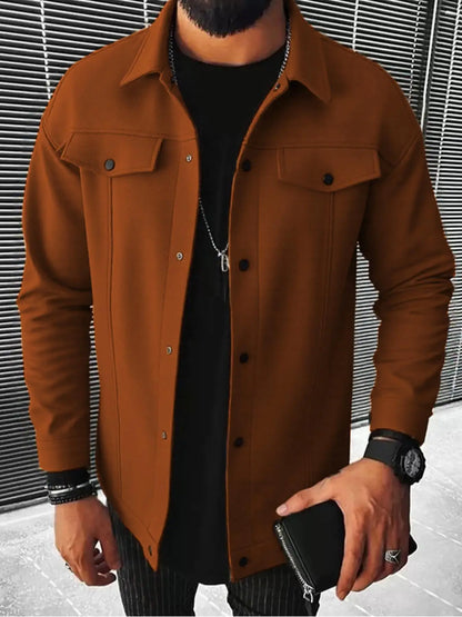 Autumn New Men's Woolen Jacket Solid Color Jacket Coat Collar Button Front Flip Pocket Coat