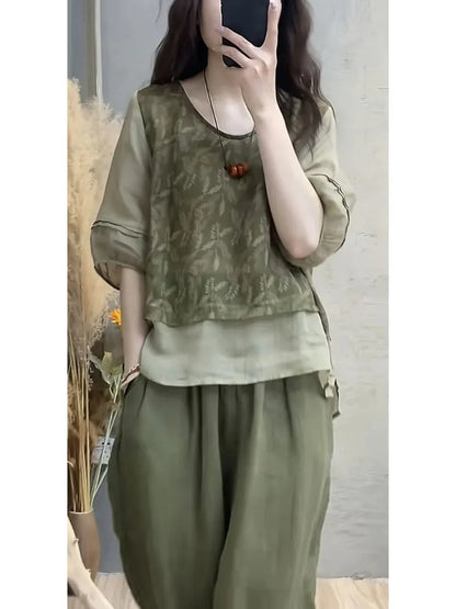 Faionable Cotton Linen Set Women's Summer New Print Patchwork Fake Two-Piece Top Harlan Pants Slimming Two-Piece Set
