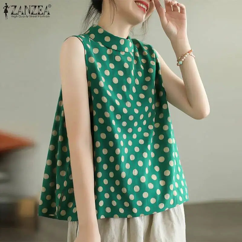 ZANZEA Women Dots Tank Tops 2024 Summer Sleeveless Camis Blouse Korean Fashion Round Neck Shirt Casual Loose Round Neck Tunics