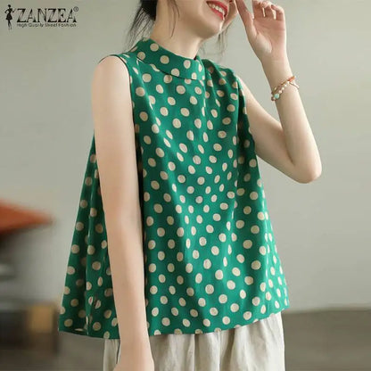 ZANZEA Women Dots Tank Tops 2024 Summer Sleeveless Camis Blouse Korean Fashion Round Neck Shirt Casual Loose Round Neck Tunics