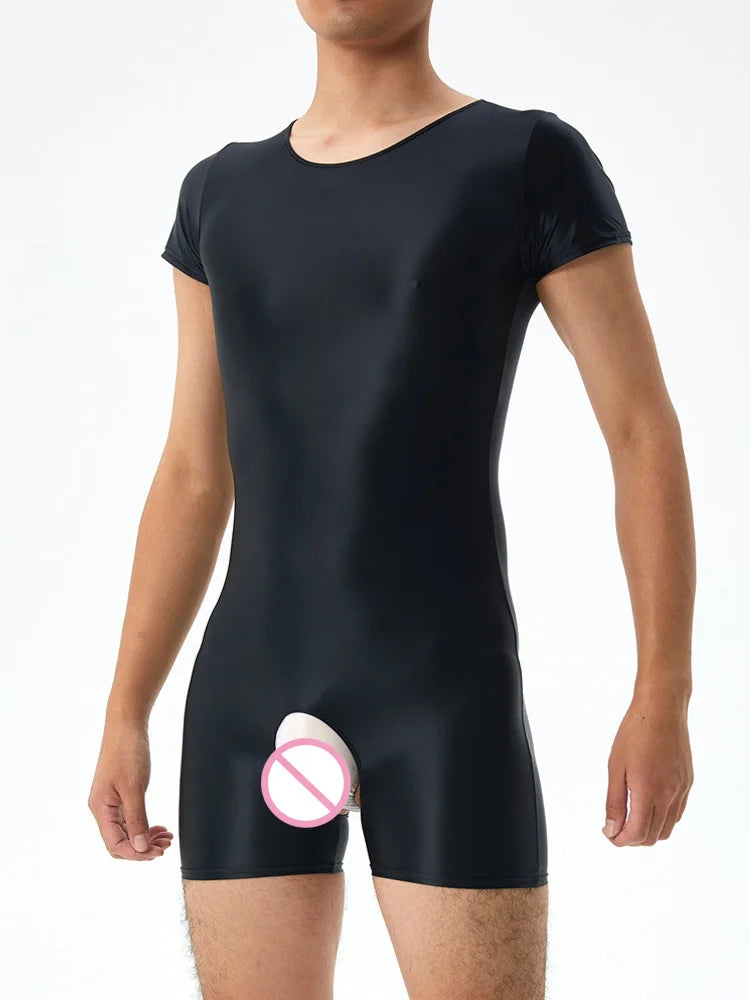 Men's Crotchless Bodysuit Stain Oil Shiny Tights Sheer See Through Yoga Shaping Leotard Elastic Sexy Exotic Tops Candy Color