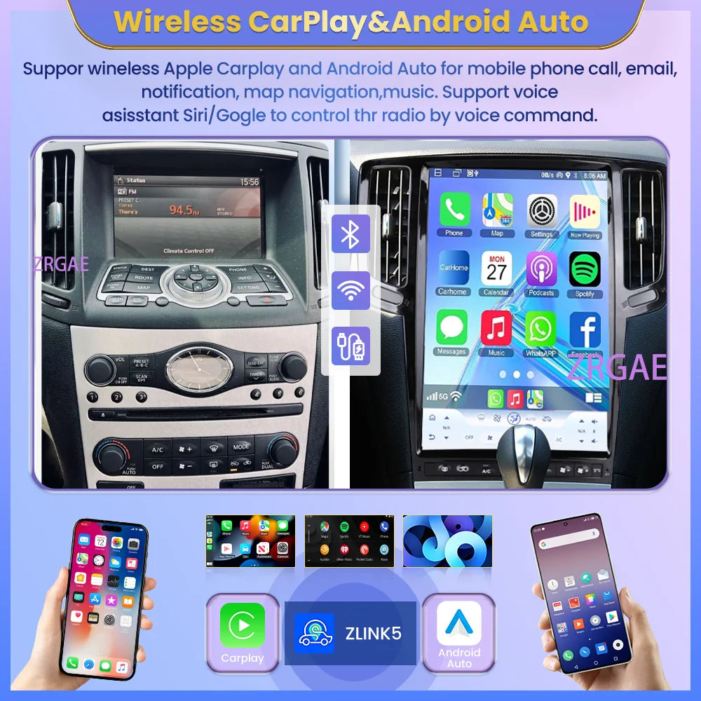 14.5” Android15 For Infiniti G4 G25 G35 G37 2006-2013 Tesla Style GPS Navigation Car Multimedia Video Player Carplay Auto BT 4G