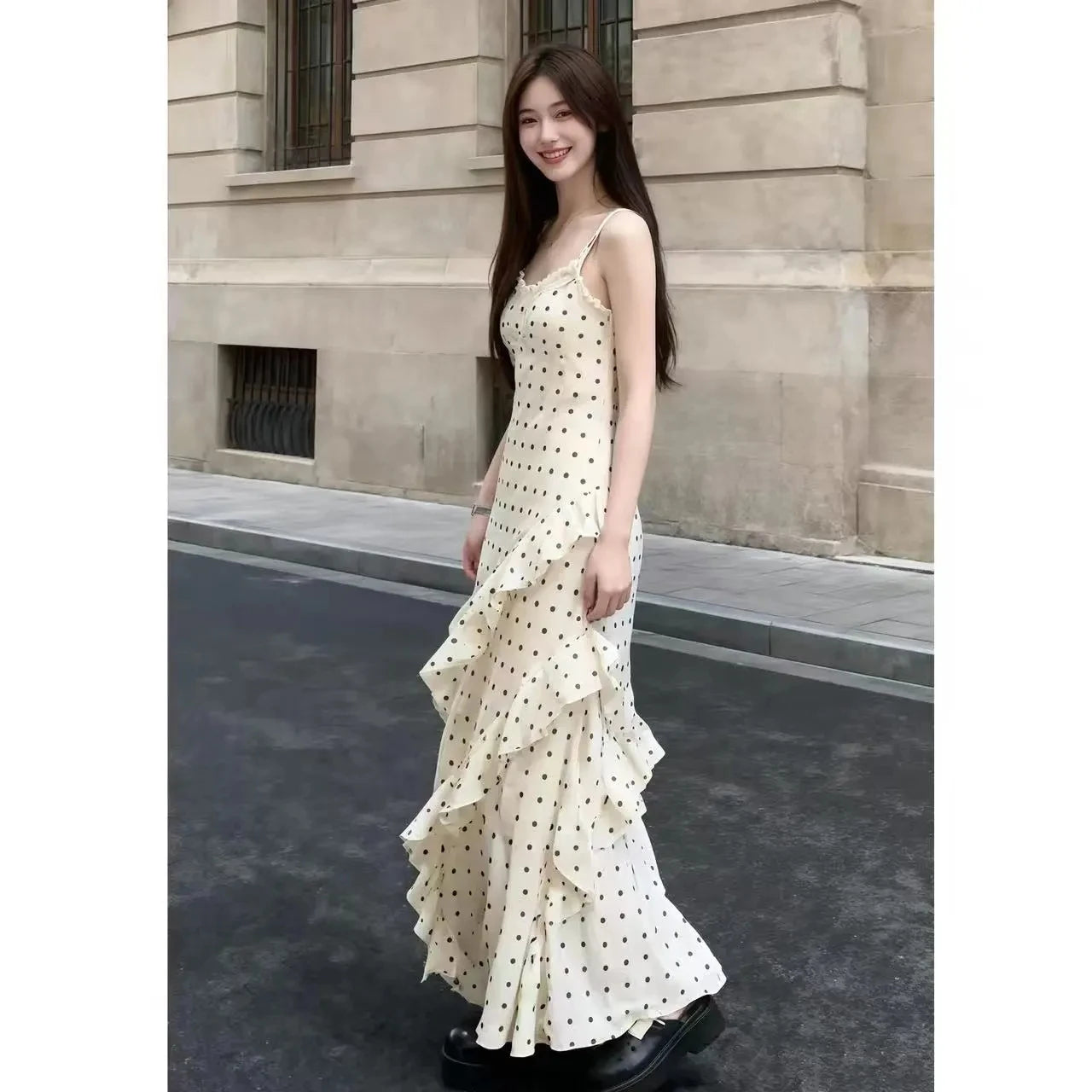 Black Suit And Polka Dot Dress Two-Piece Set for Women Early Spring Fashion Slimming Effect Ribbon Detail Long Sleeve Button-Up