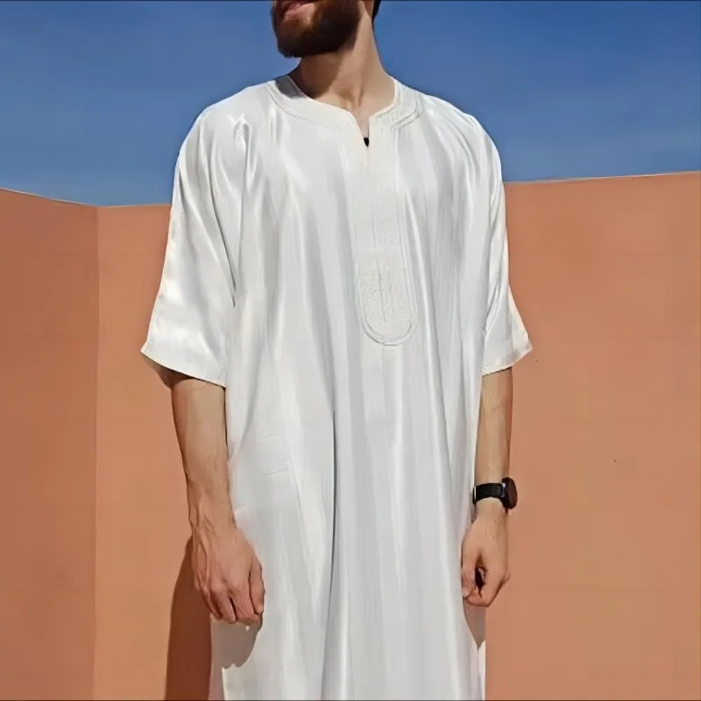 Men's Embroidered Arab Youth Dark Green Muslim Robe Men