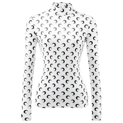 Moon Print Base Layer Shirt Long Sleeve Half High Collar Elastic T-Shirt Layering Trendy Top Inner Wear Autumn Winter for Women