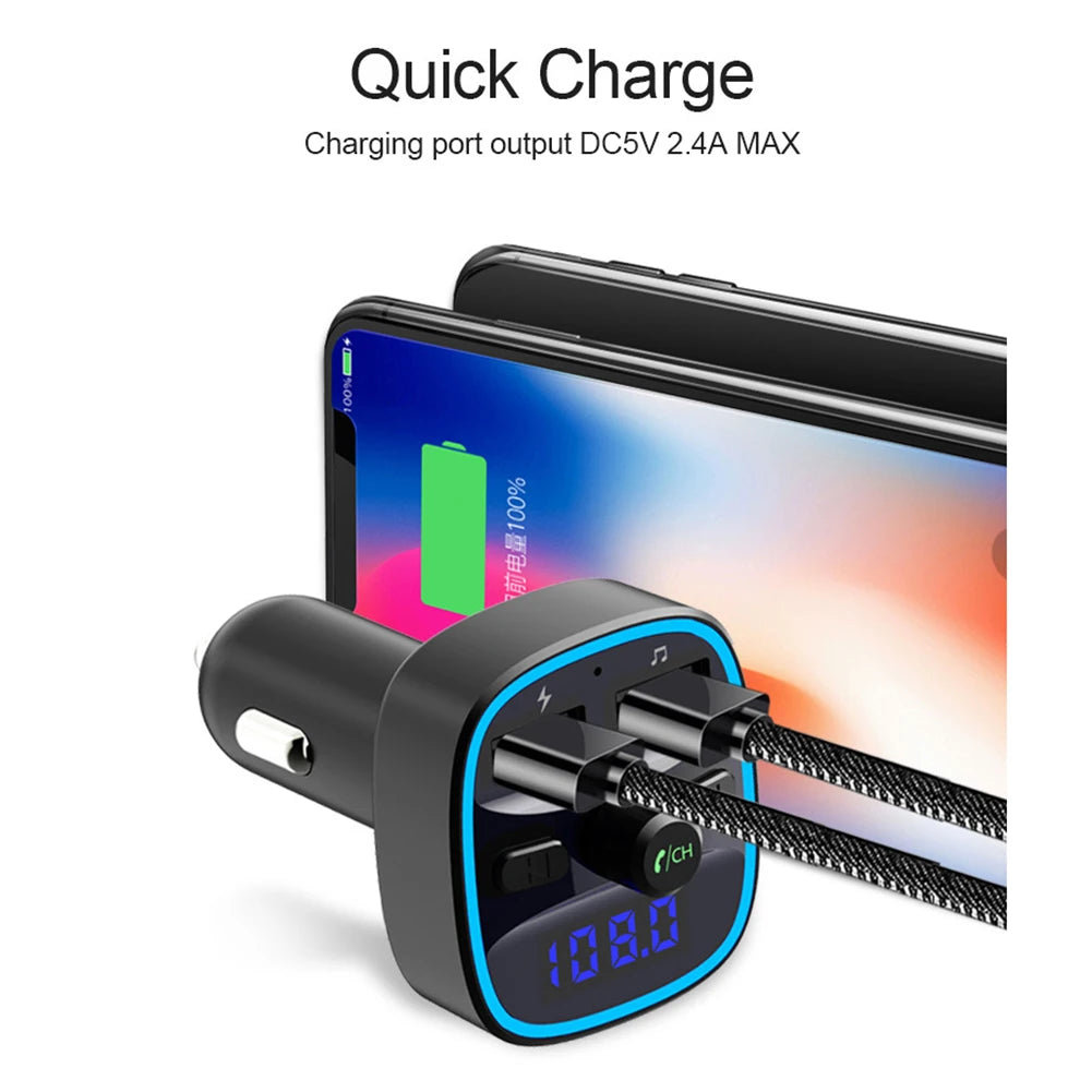 T25 Car Bluetooth 5.0 FM Transmitter MP3 Player Fast Charging Dual USB Charger 87.5-108MHz 2.4A MAX Dual USB Car Charger Adapter