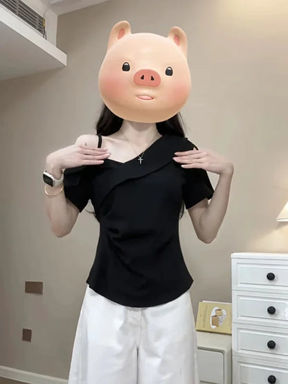 plus Size Slim Fit Short Sleeve Cross Neck Shoulder Bared T-Shirt Casual Style Versatile Summer New Arrival Women's Top