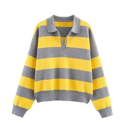 JNLEAOG Fashionable Striped Knitted  Shirt Women's Loose Fit Classic Pattern Long Sleeve Youthful Vitality Autumn New Arr...
