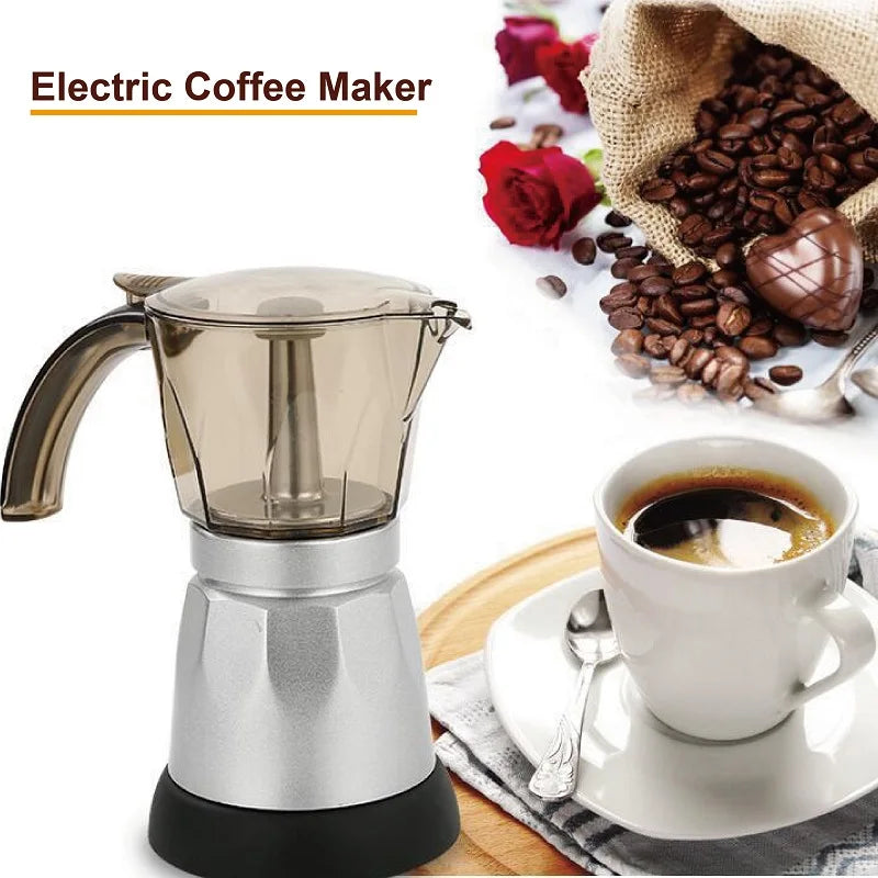 480W Electric Coffee Maker Cups 150ml/300ml Aluminum Mocha Pot  Electric Italian Coffee Maker Percolator for Home Silver 3/6Cups