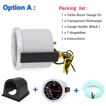 2 "52mm Turbo Boost Gauge 0~30PSI White LED Smoke Len -30in.Hg~0~30PSI Auto Turbo Boost Controller Kit Holder waterpipe