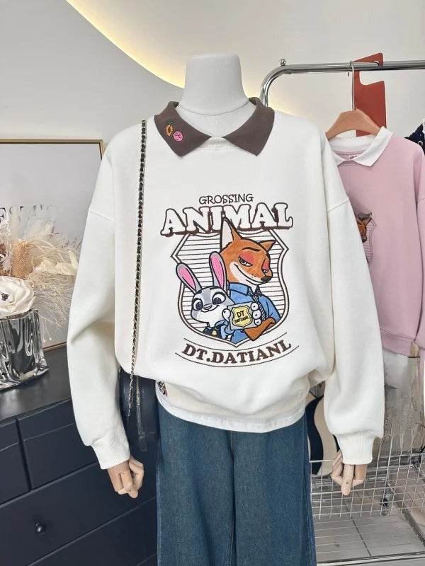 Fashionable Heavy Embroidery Cartoon Color Block  Neck Loose Fit Sweatshirt Women's Autumn New Arrival Fake Two-Piece Style