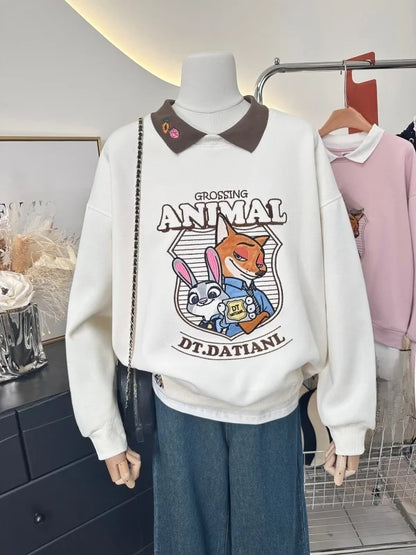 Fashionable Heavy Embroidery Cartoon Color Block  Neck Loose Fit Sweatshirt Women's Autumn New Arrival Fake Two-Piece Style