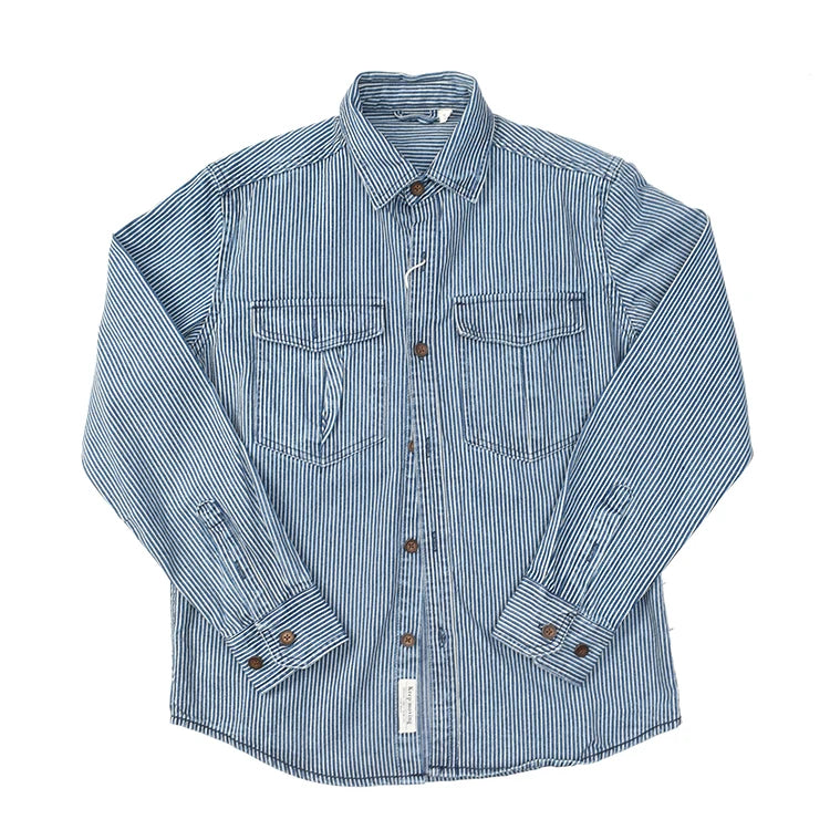 Classic Striped American Retro Washed Denim Work Shirt Casual Loose Long Sleeve Thickened Shirt Cotton Youth Travel Autumn