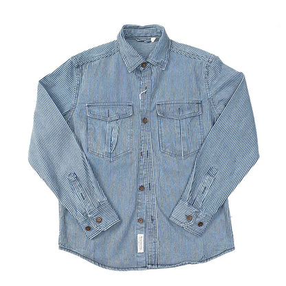 Classic Striped American Retro Washed Denim Work Shirt Casual Loose Long Sleeve Thickened Shirt Cotton Youth Travel Autumn