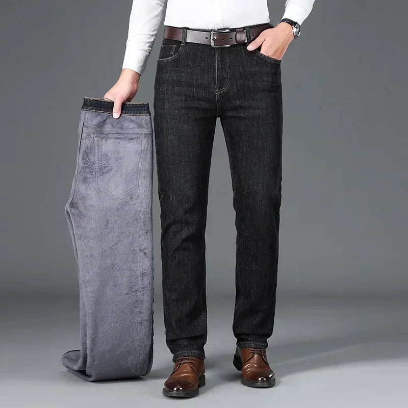 Winter Classic Men's Warm Fleece Straight Leg Jeans Business Casual Twill Cotton Stretch Padded Denim Pants Male Brand Trousers
