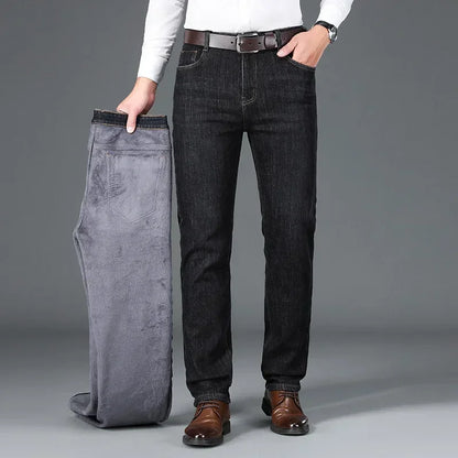 Winter Classic Men's Warm Fleece Straight Leg Jeans Business Casual Twill Cotton Stretch Padded Denim Pants Male Brand Trousers
