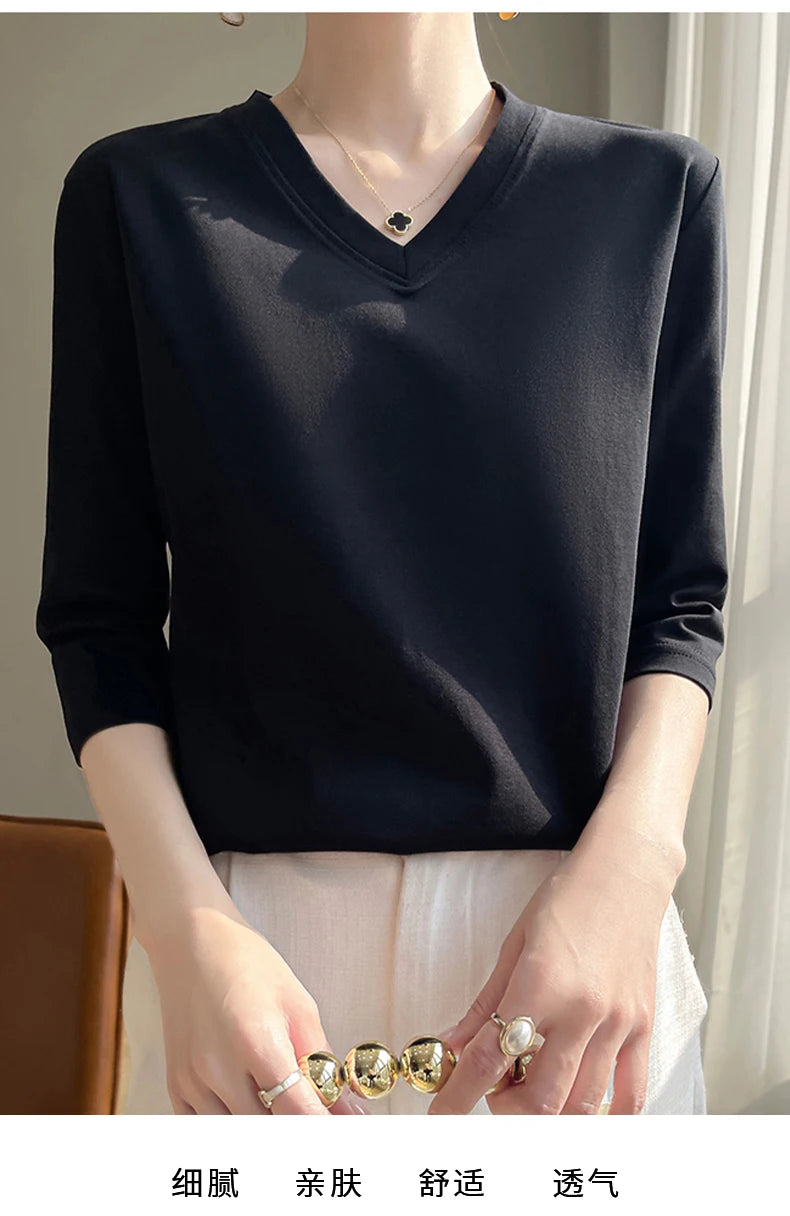 Spring And Summer New White Mercerized Cotton Cropped Sleeve T-shirt Feminine Joker 100% Cotton Bottoming Shirt Half Sleeve
