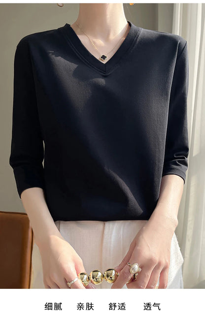 Spring And Summer New White Mercerized Cotton Cropped Sleeve T-shirt Feminine Joker 100% Cotton Bottoming Shirt Half Sleeve