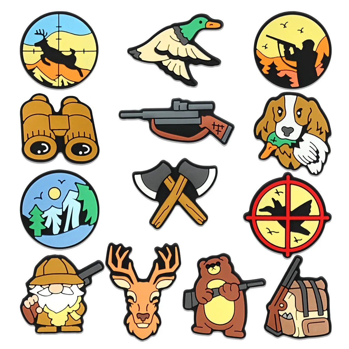 13-100Pcs Shotgun Axe Deer PVC Shoe Charms Hunting Bird Garden Shoes Buckle Accessories Fit Man Party Present
