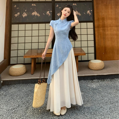 plus Size New Chinese Embroidered Short Sleeve Dress Women's Summer Soft Waist Cinching  Long Dress Commute Style
