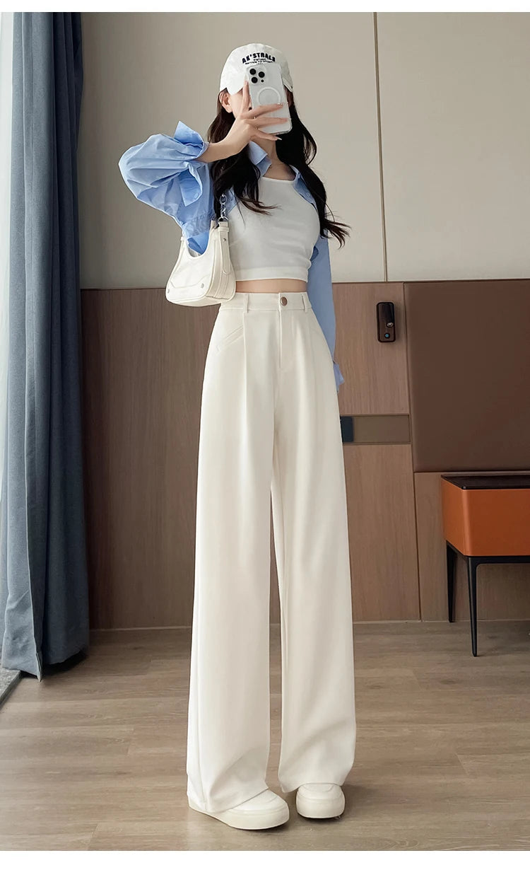 Seoulish Autumn Elegant Women's Wide Leg Pants 2024 New Korean Solid Button Casual Loose Office Full Length Trousers Female
