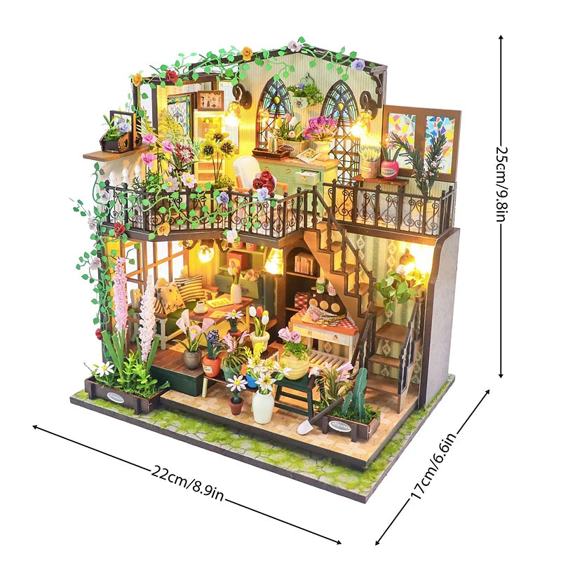 Vintage Coffee Shop DIY Miniature Dollhouse Kit with LED Light 3D Wooden Puzzle Building Kit Full Furniture Creative Craft Gifts