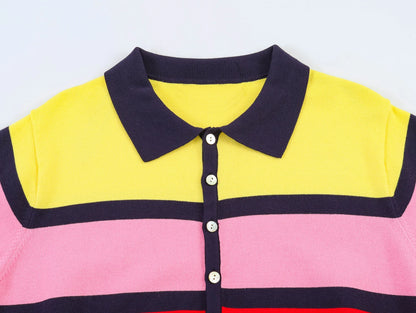 Fashionable Striped Knitted  Shirt Women's Loose Fit Business Casual Short Sleeve Classic Pattern Polyester Fiber