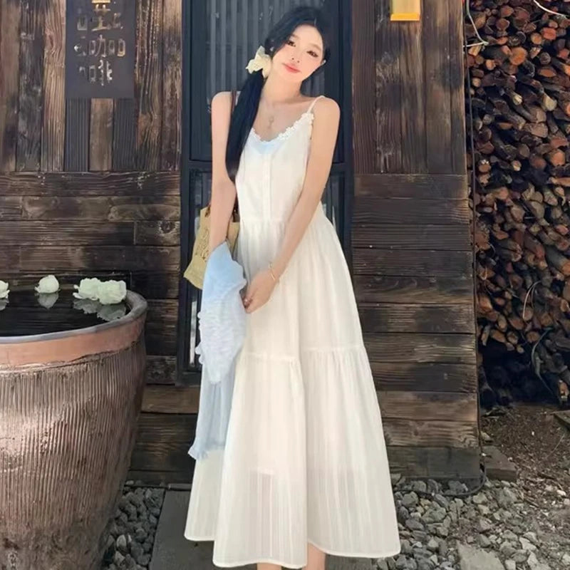 Slimming White Strapless Long Dress Simple French Style A-Line Midi Dress Women's Summer Fashion Sensation Waist-Cinching Dress