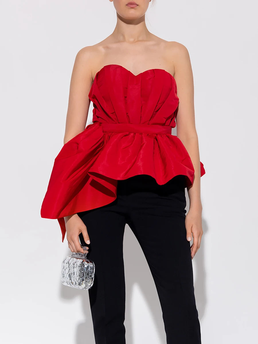 VGH Sexy Red Color Spliced Folds Tank Top for Women Sweatheart Neck Sleeveless Patchowrk Zipper Irregular Hem Vest Female Summer