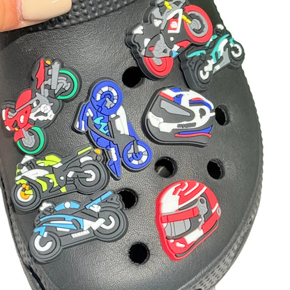 12-100Pcs Mix Motorcycle Helmet PVC Shoe Charms Cool Man Woman Sandal Buckle Decorations Fit Birthday Gift