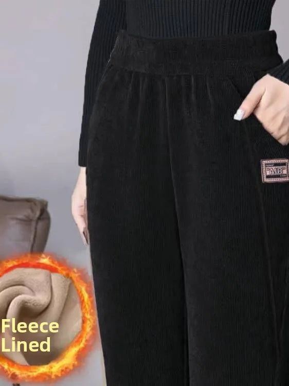 High Waist Thickened Fleece Women's Pants Autumn Winter Casual Loose Mom Pants Harlan Style Pocket Detail Elastic Waist