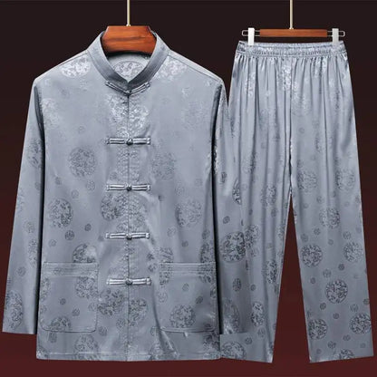 Men's Long Sleeve Ice Silk Tai Chi Suit Traditional Chinese Hanfu Vintage Style Tang Costume Elderly Fashion Dad's Clothing