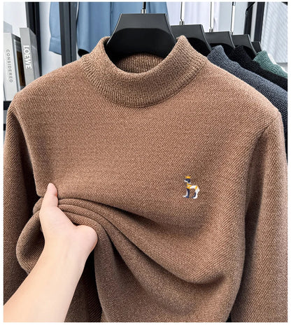 High End Embroidered Snow Carved Velvet Semi High Neck with Thick Velvet Men's Sweater Winter Semi High Neck Base Sweater