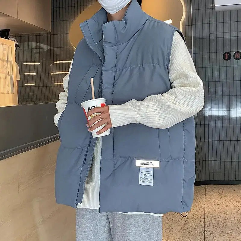 Oversized Cotton Vest for Men Loose Fitting Standing Collar Winter Coat Casual Layering Jacket for School Streetwear