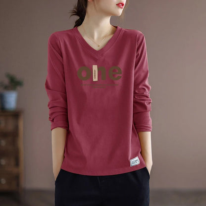 Pure Cotton Long Sleeve Women's T-shirt Autumn Season Versatile Base Layer Top Commute Style Loose Fit Regular Thickness