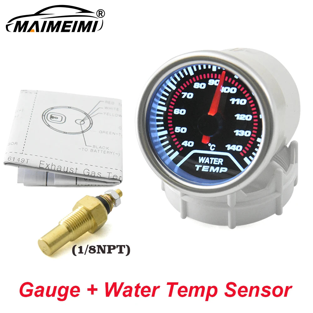 52mm Water Temperature Gauge with Water Temp Sensor Temp Joint Adapter Sensor 1/8 NPT Smoked Faced 40-140℃ Meter Auto White LED