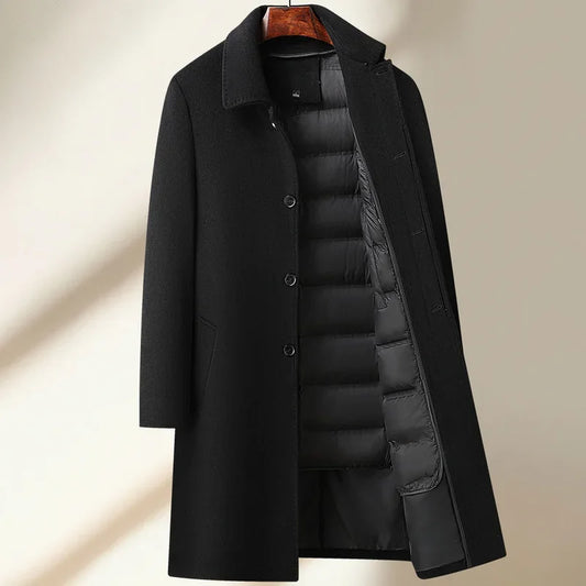 High Quality Men's Long-Length Wool Duck Down Liner Woolen Coat Business Casual Windbreaker Puffer Jacket Solid Wool Overcoat