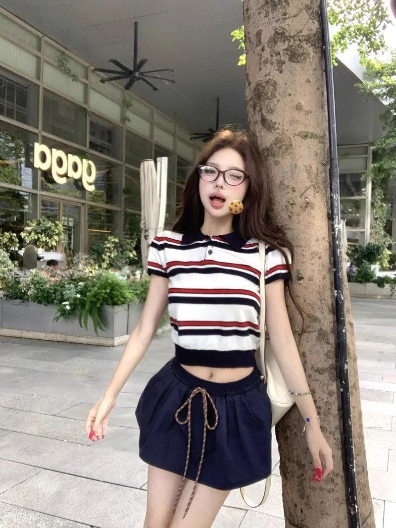 Miu Stripe  Neck Knitted Short Sleeve T-Shirt Women's Summer Design Sensible Short Style Korean Version Slim Fit Top