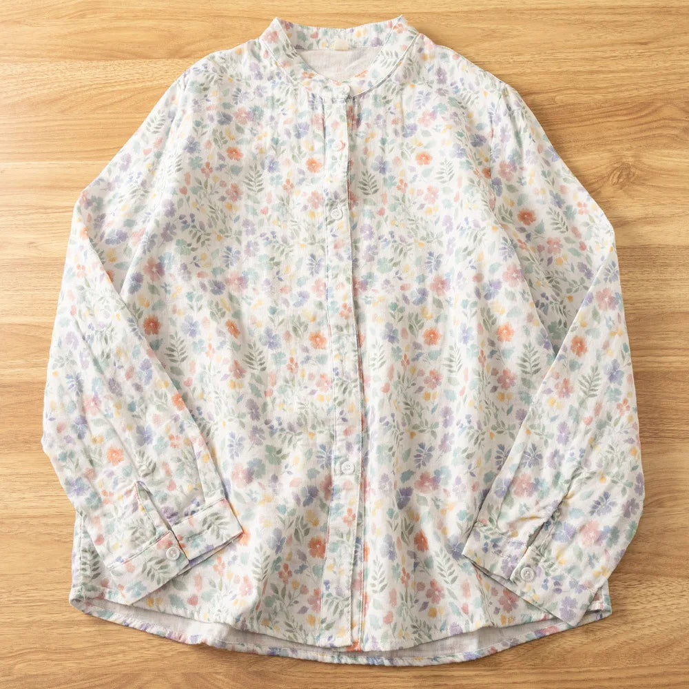 Slimming Long Sleeve Cotton Shirt Women's Fashionable Small Stand Collar Double Layer Printed Casual Shirt Autumn New Arrival