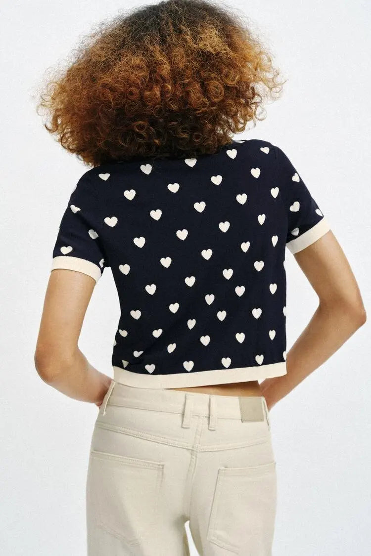 New Summer Women's Street Style  Shirt Turn-down Collar Short Sleeve Color Block Heart Pattern Embroidery Casual Top