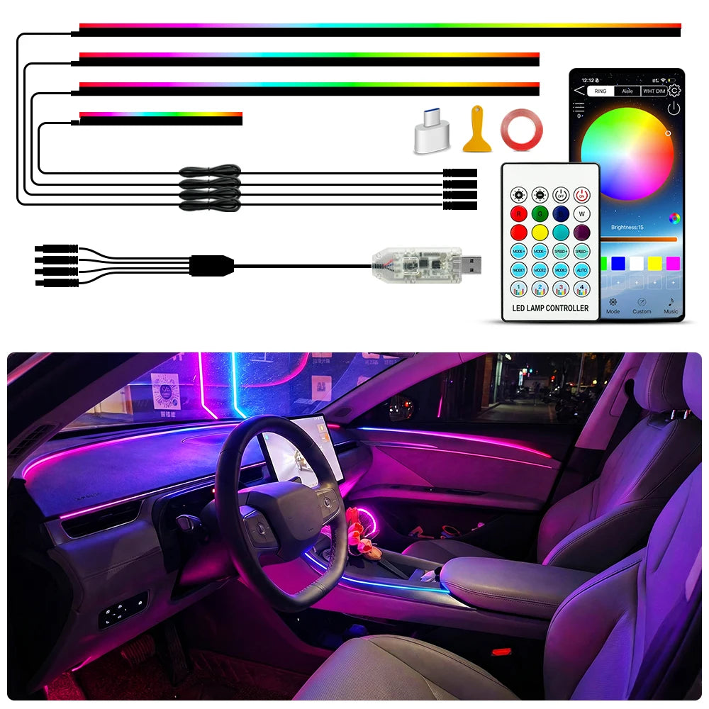 Universal 43-inch RGB Car Interior Lighting Kit with App Control - 64 Colors & 8 Dynamic Modes