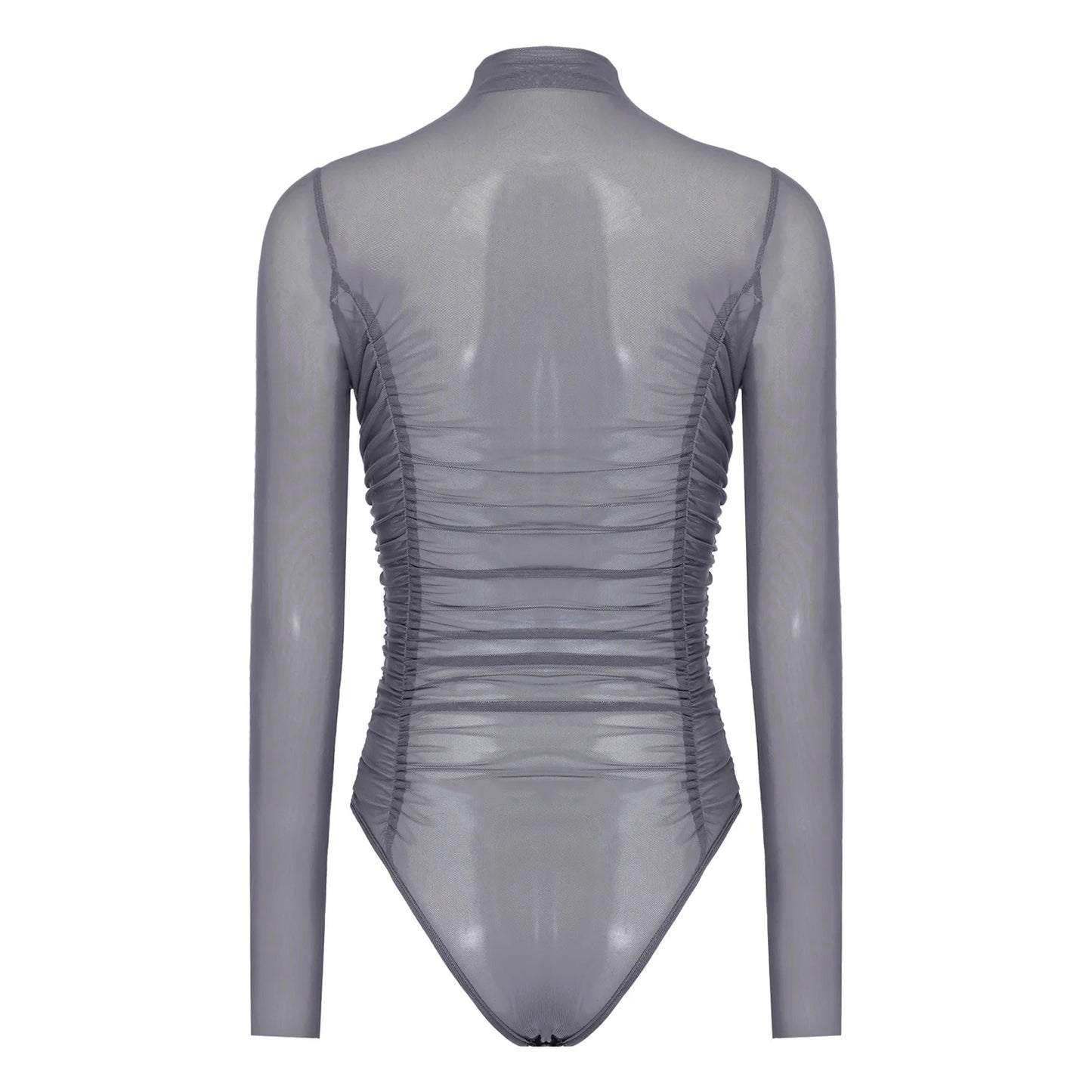 Womens Nightclub Beach Bodysuit Sheer Mesh Side Ruched High Collar Long Sleeve Button Crotch Leotard See Through Cover Up Outfit