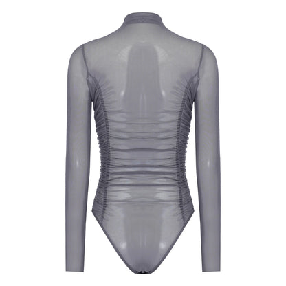 Womens Nightclub Beach Bodysuit Sheer Mesh Side Ruched High Collar Long Sleeve Button Crotch Leotard See Through Cover Up Outfit