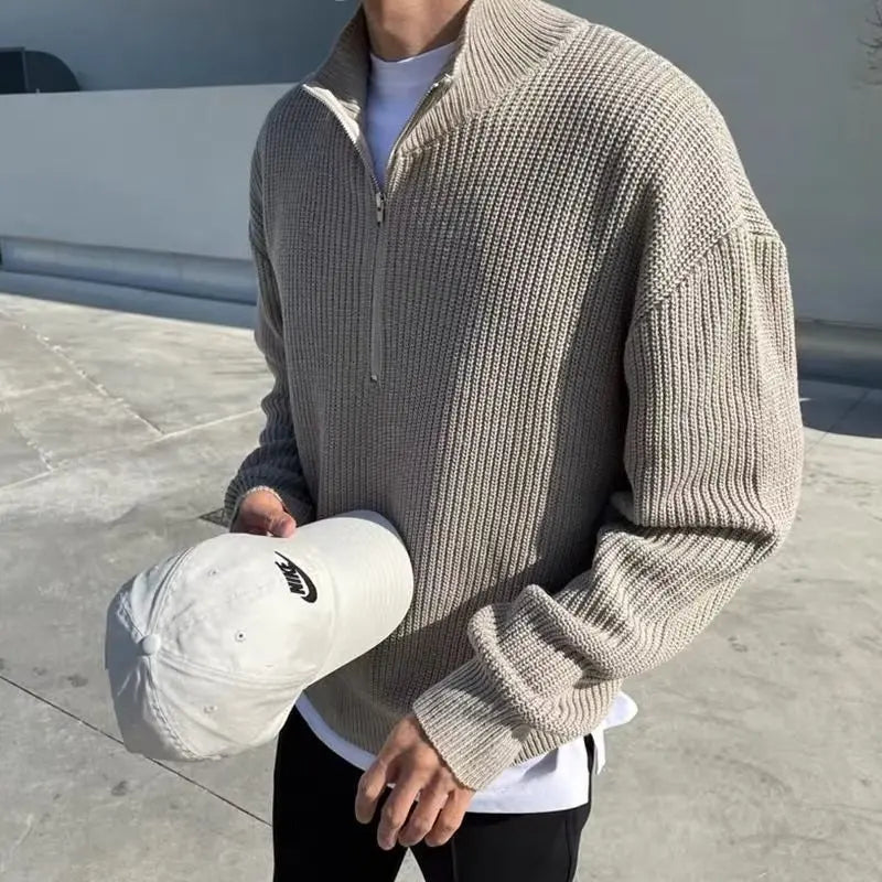 Trend Mens Casual Sweater New Half Zipper Pullover Autumn Winter Fashion Streetwear Sweater Outdoor Work Sweatshirts Solid Top