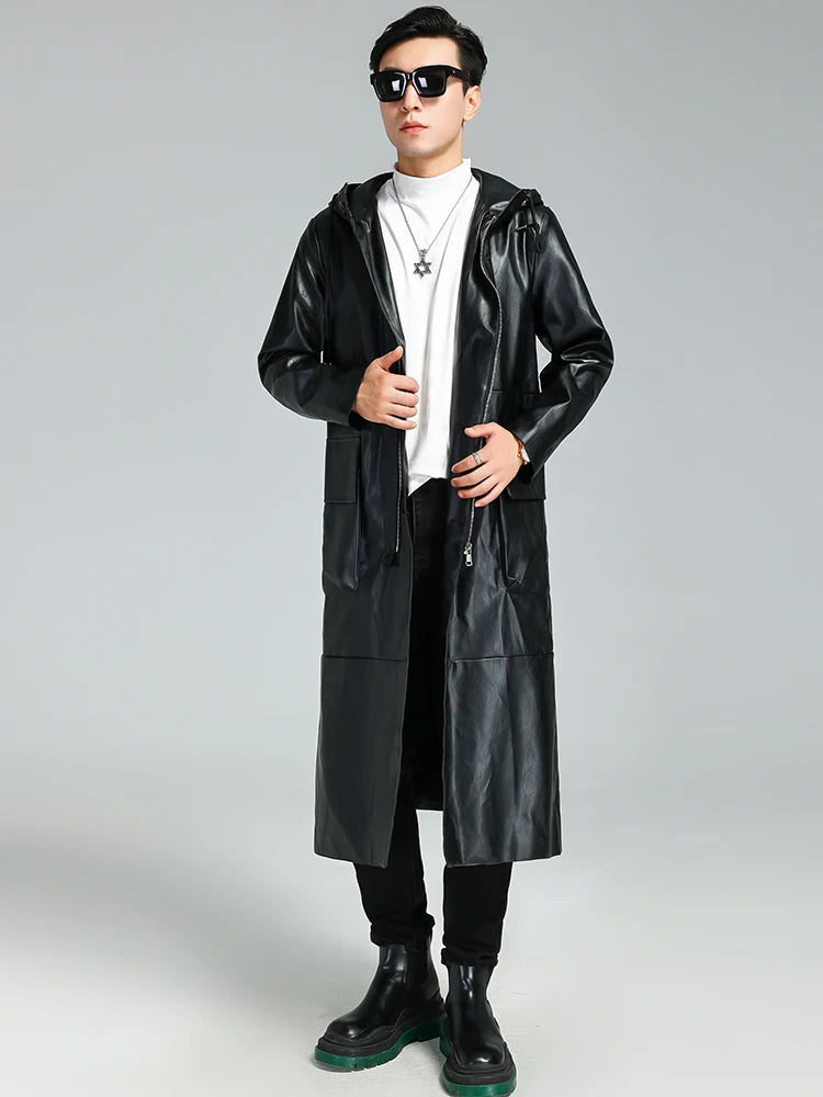 Nerazzurri Autumn Long Waterproof Black Soft Pu Leather Trench Coat Men with Hood Zipper Luxury Plus Size Overcoat 3xl 4xl 5xl