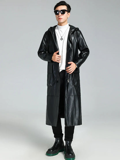 Nerazzurri Autumn Long Waterproof Black Soft Pu Leather Trench Coat Men with Hood Zipper Luxury Plus Size Overcoat 3xl 4xl 5xl